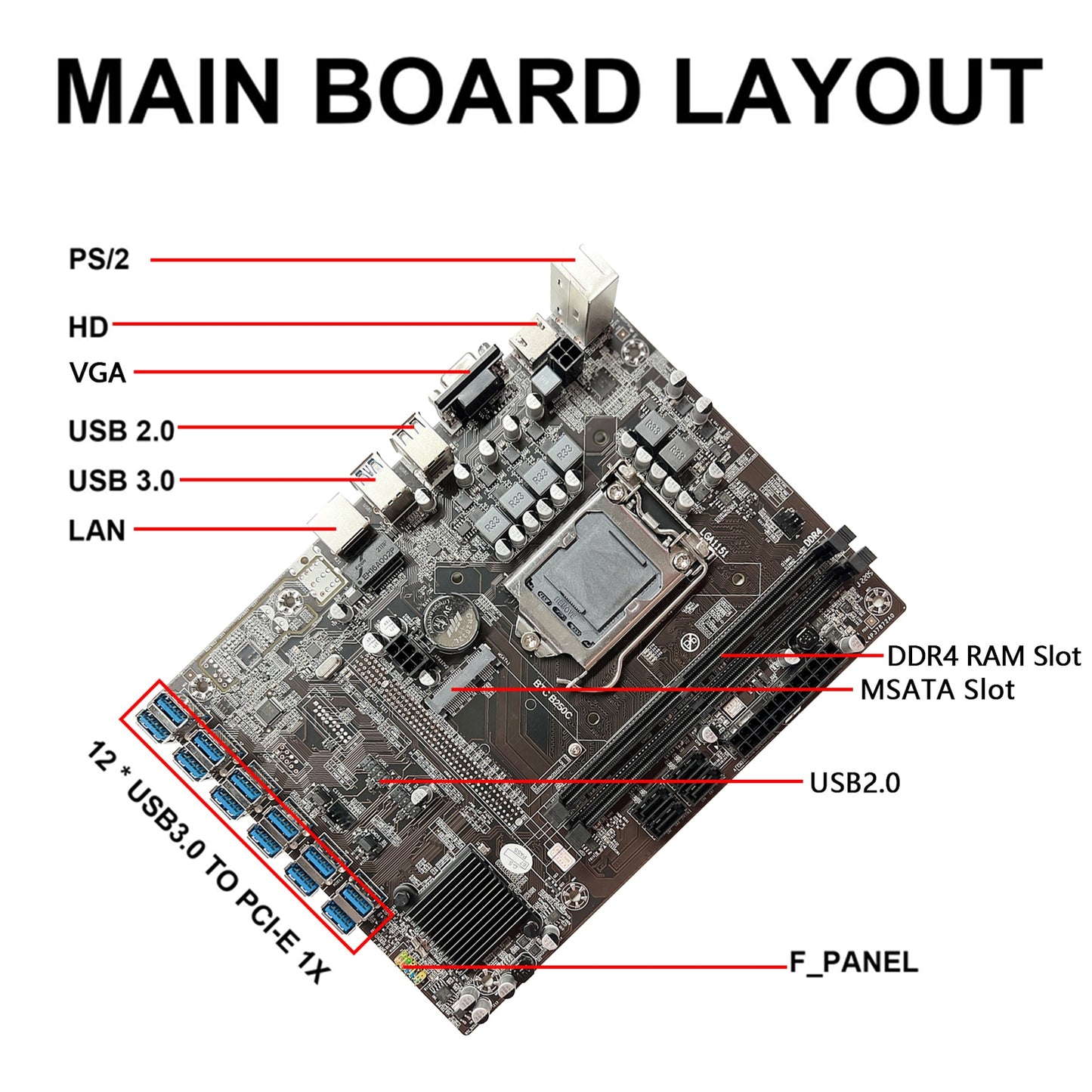 B250C BTC Mining Motherboard+SATA Cable 12XPCIE to USB3.0 Graphics Card Slot LGA1151 DDR4 MSATA ETH Miner Motherboard