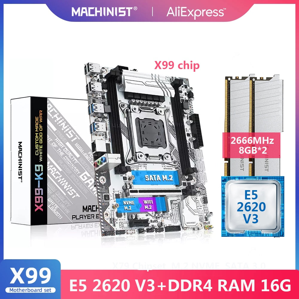 MACHINIST X99 Motherboard LGA 2011-3 Set Kit with Intel Xeon E5 2620 V3 Processor 16G(2*8) DDR4 2666MHZ RAM NVME M.2 SSD X99-K9