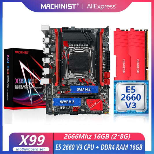 MACHINIST X99 Kit Set Motherboard With LGA 2011-3 Xeon E5 2660 V3 CPU Processor 16G(2*8G) DDR4 2666MHz RAM M.2 NVME SATA 3.0 RS9